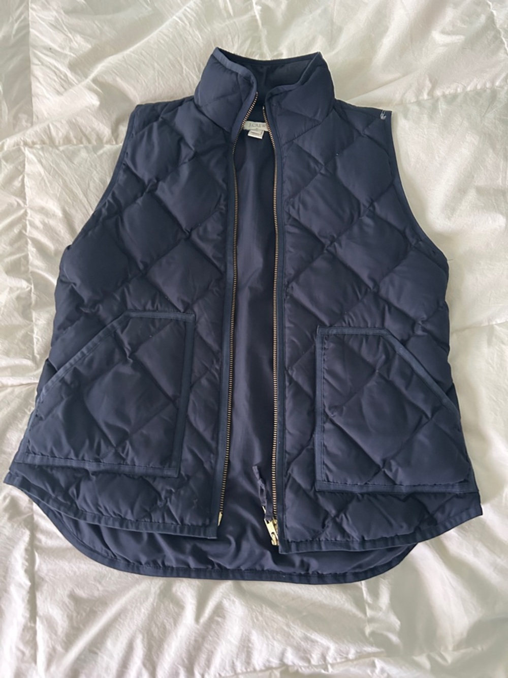 J. Crew Navy Quilted Zip-Front Vest with Stand Collar